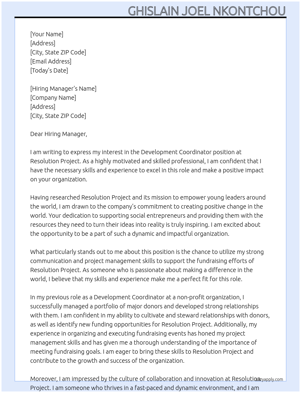 Development Coordinator At Resolution Project Cover Letter