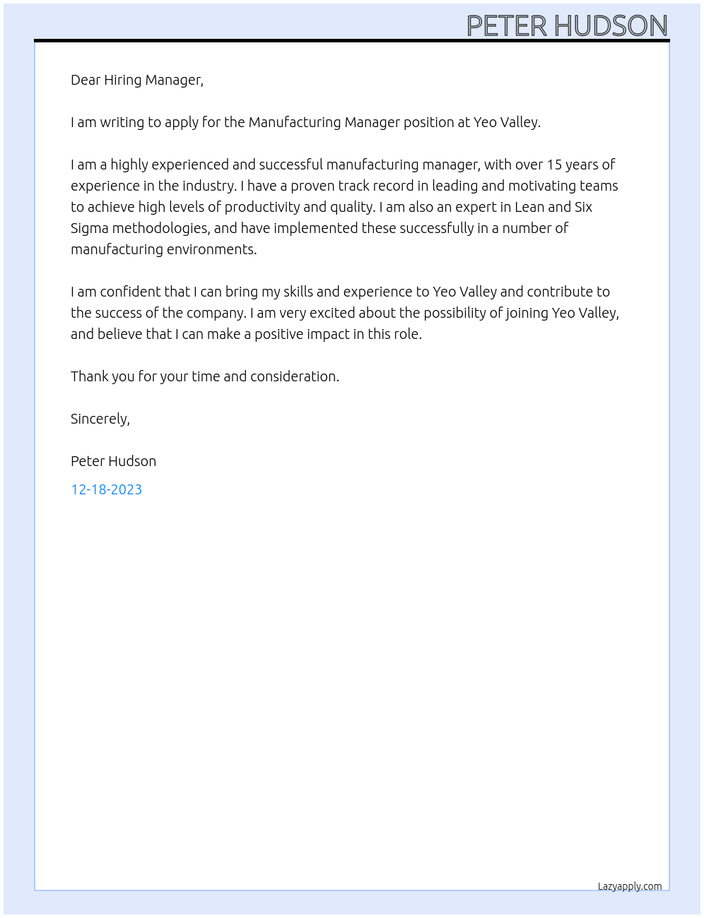 Manufacturing manager  At Yeo valley Cover Letter