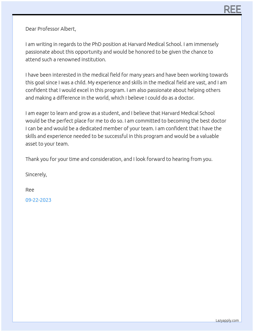 phd student At Harvard medicl school Cover Letter