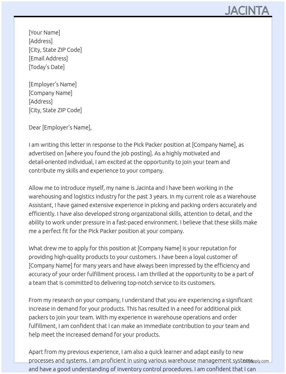 pick packer At pick packer Cover Letter