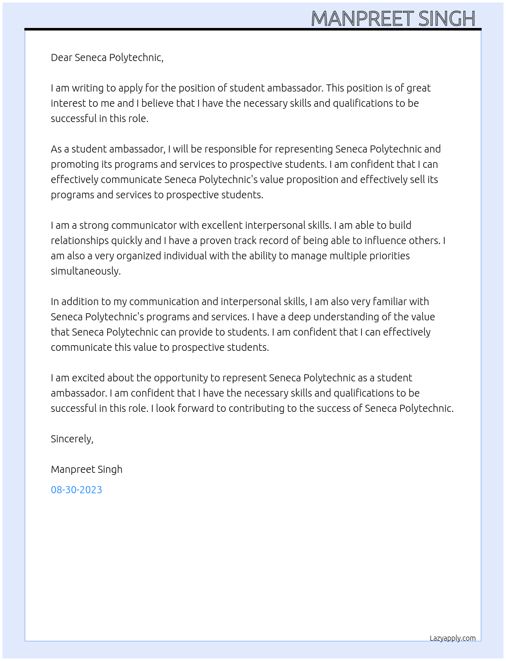 Student ambassador At Seneca Polytechnic Cover Letter