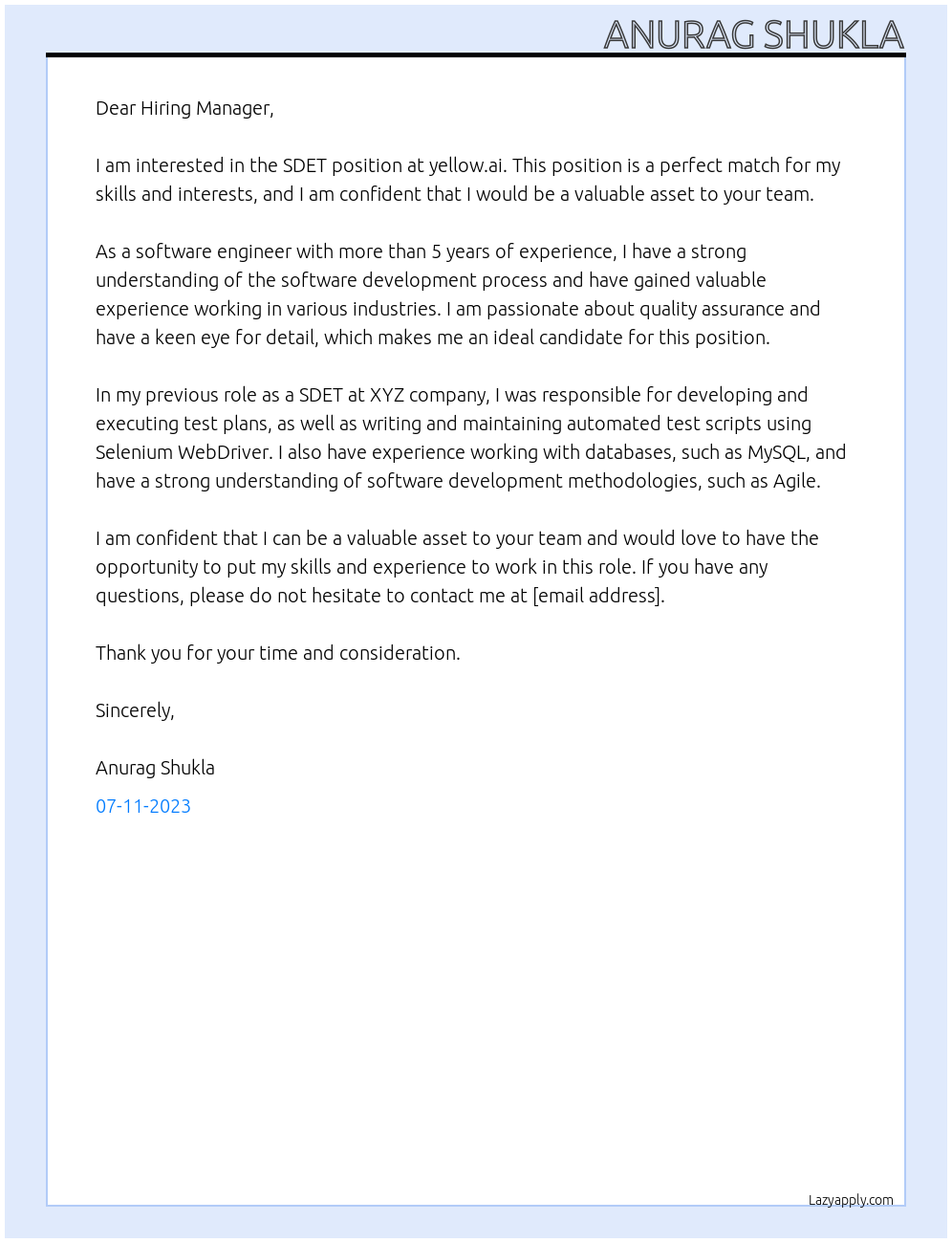 SDET At yellow.ai Cover Letter