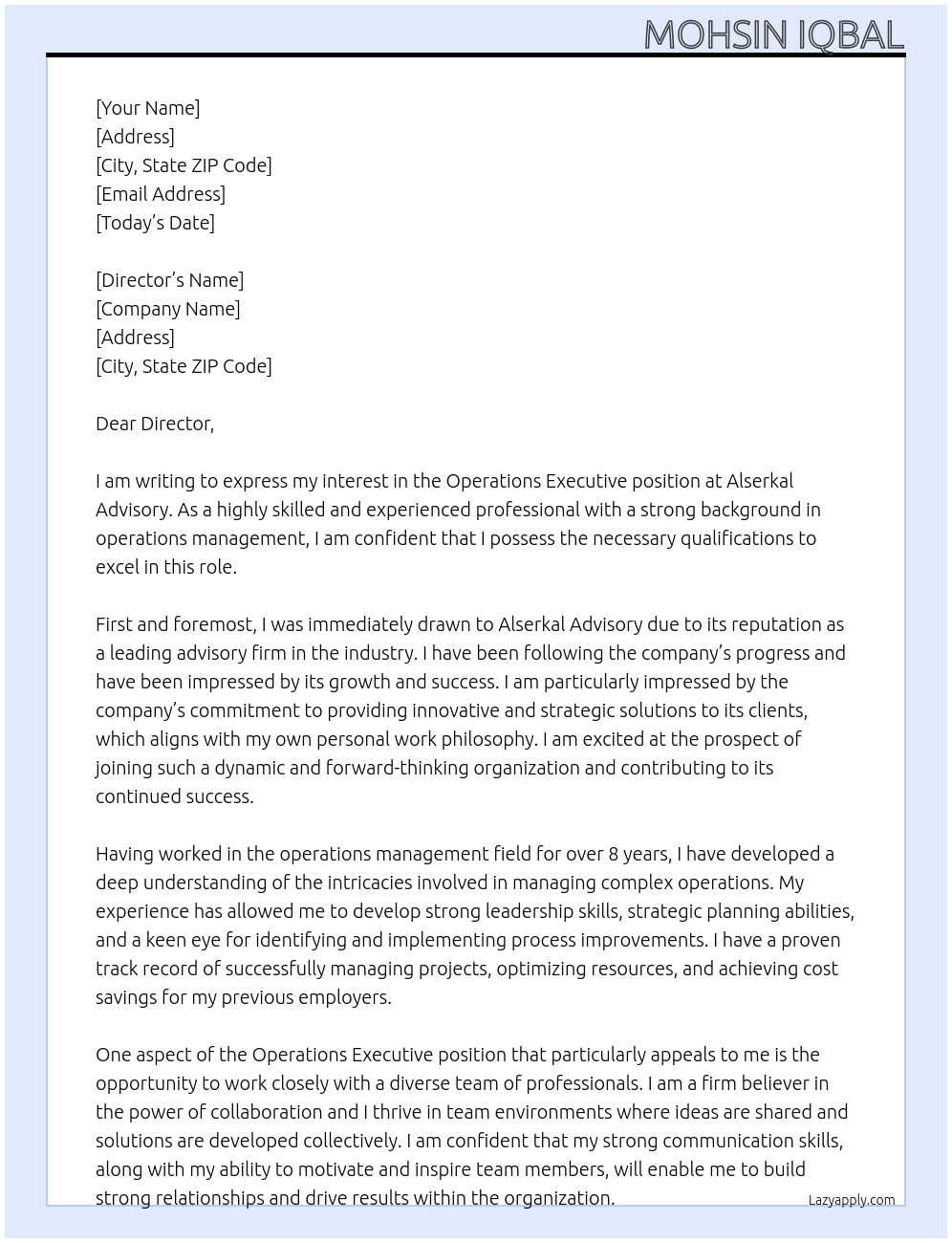 Operations executive At Alserkal Advisory Cover Letter