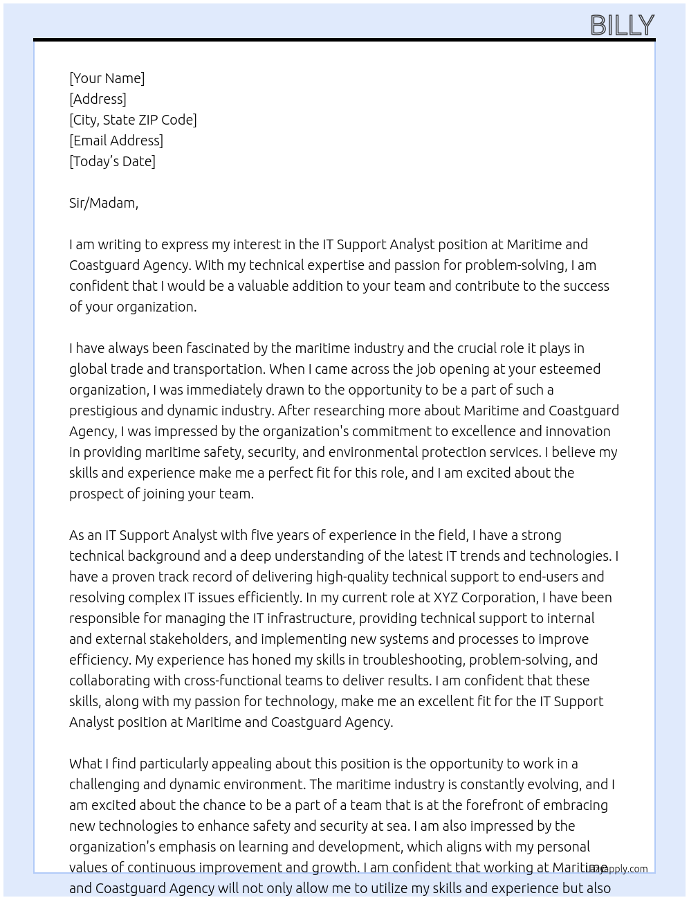 IT Support Analyst At Maritime and Coastguard Agency Cover Letter