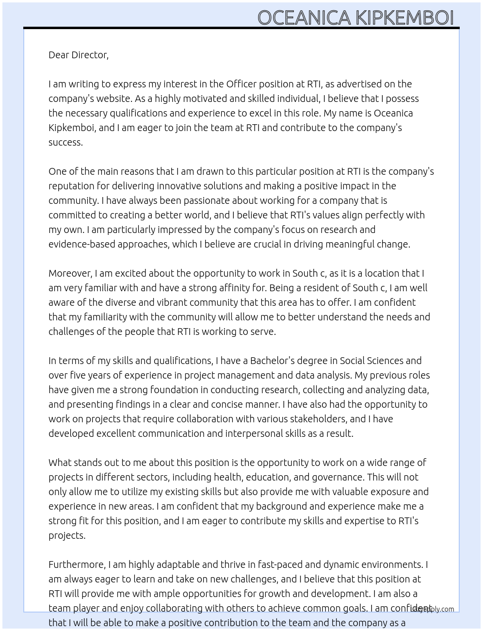 Officer At RTI Cover Letter