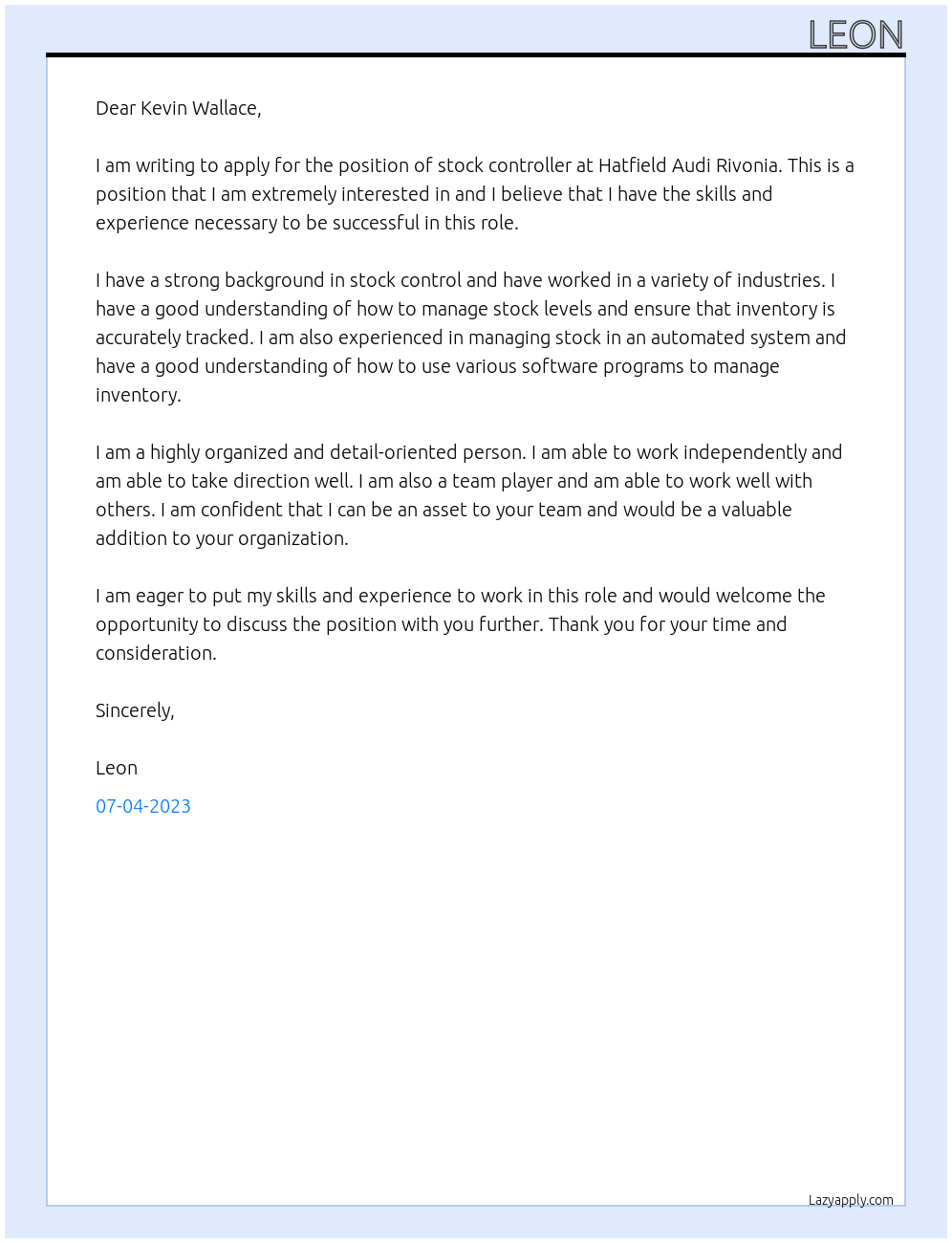 Stock controller At Hatfield Audi Rivonia Cover Letter