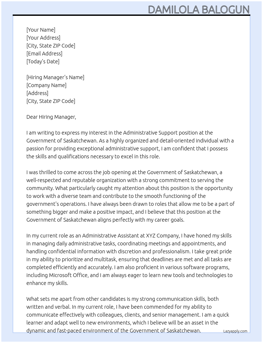 Administrative Support At Government of Saskatchewan Cover Letter