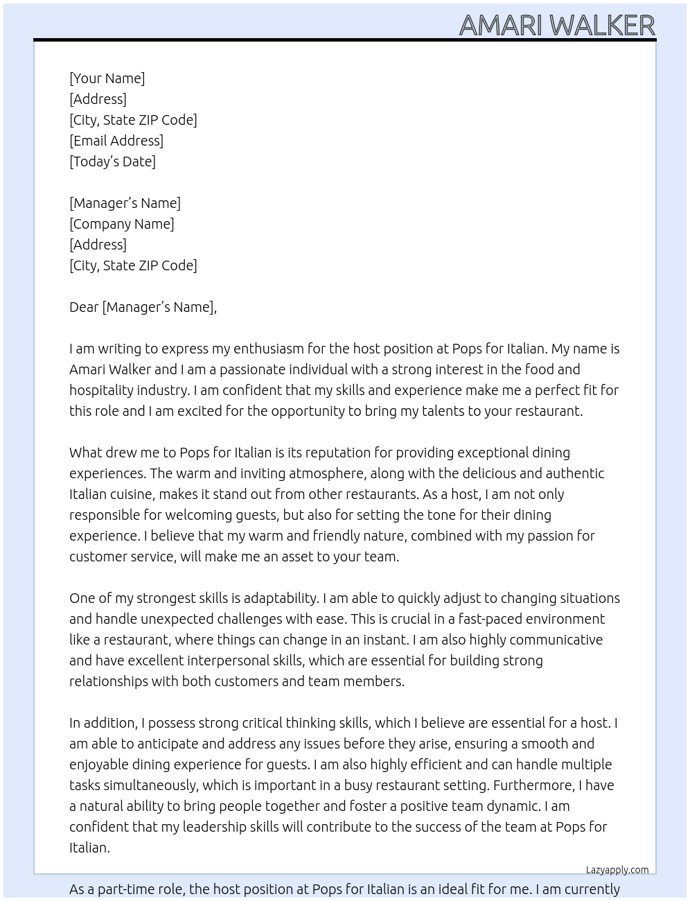 host At Pops for Italian   Cover Letter