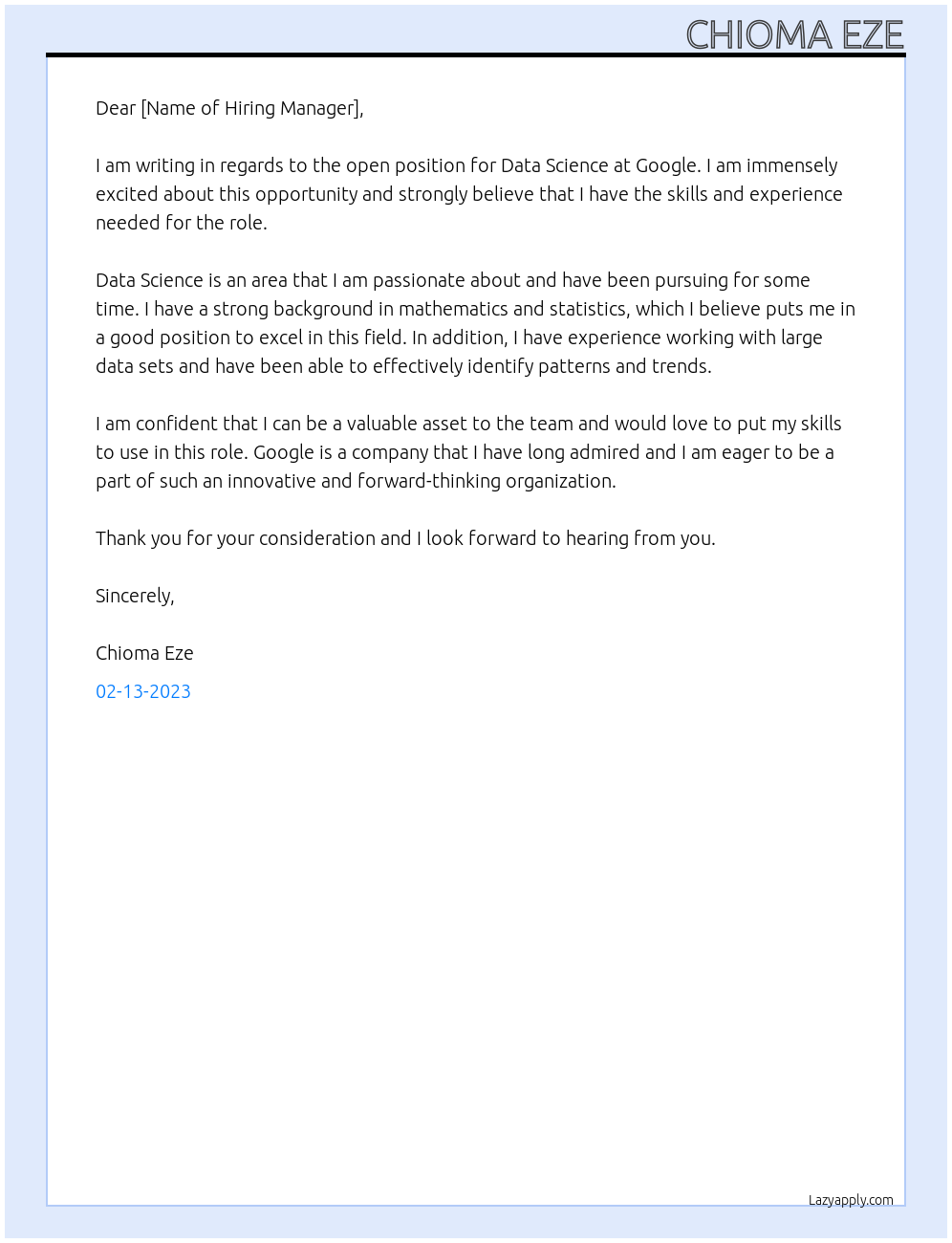 Data Science At Google Cover Letter