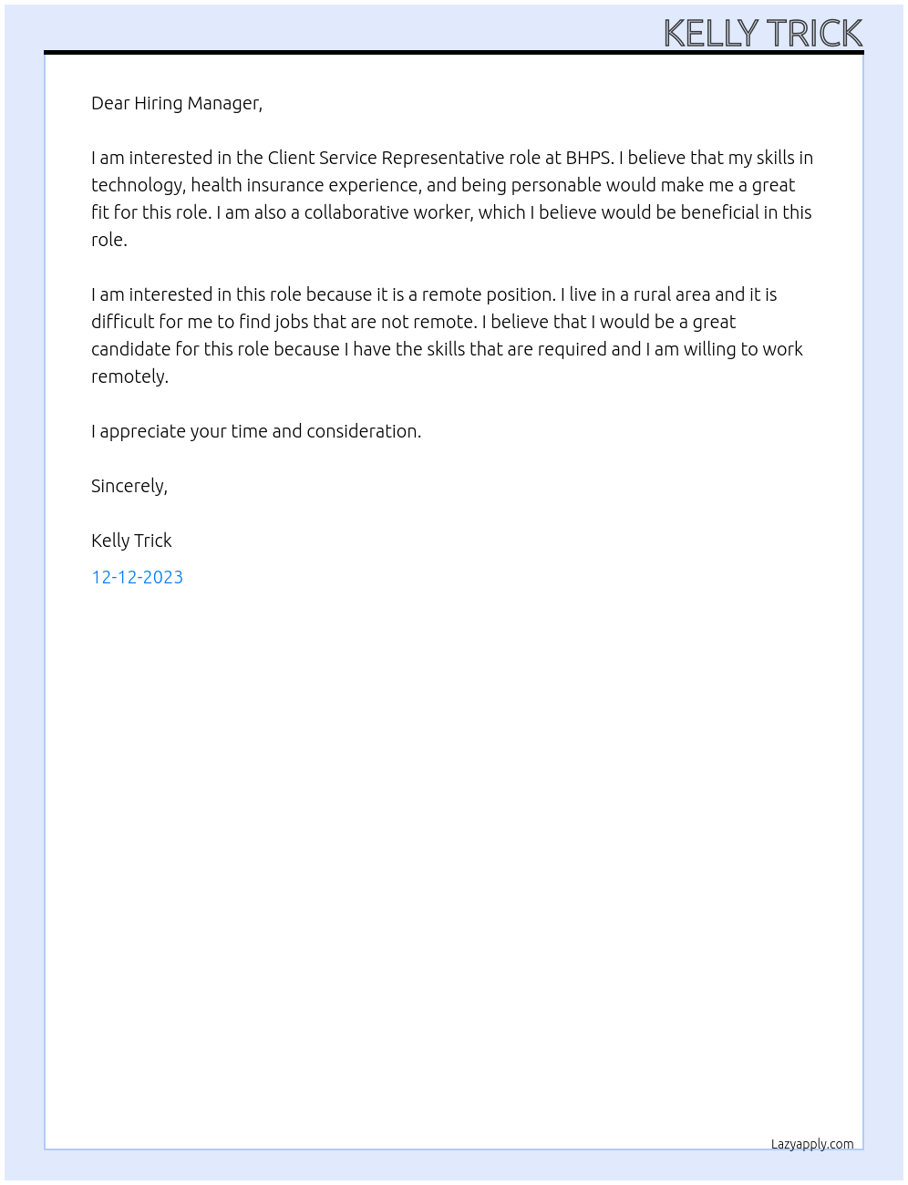 Client Service Representative At BHPS Cover Letter