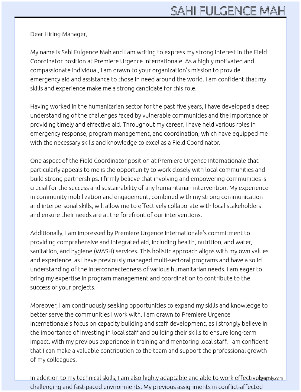 Field Coordinator At PREMIERE URGENCE INTERNATIONALE Cover Letter