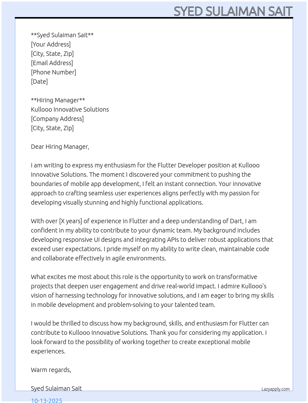 Cover letter for flutter developer - LazyApply