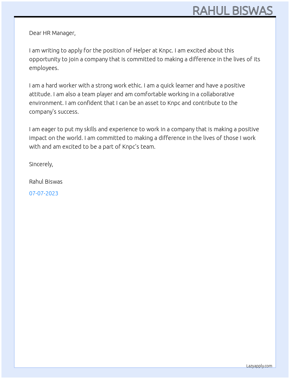 Helper At Knpc Cover Letter