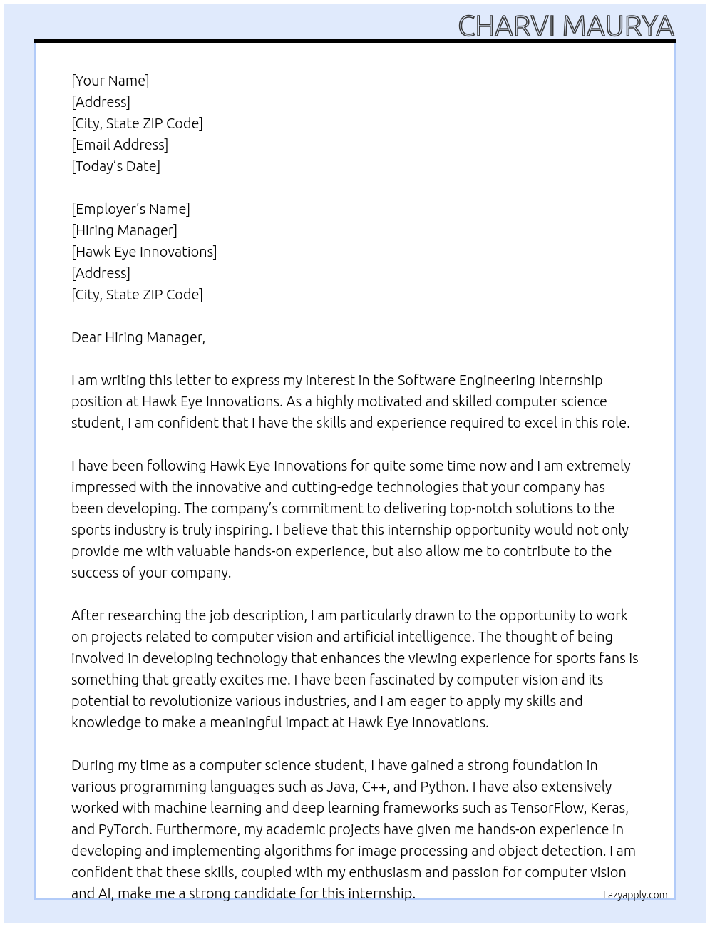 Software Engineering Internship At Hawk Eye Innovations Cover Letter