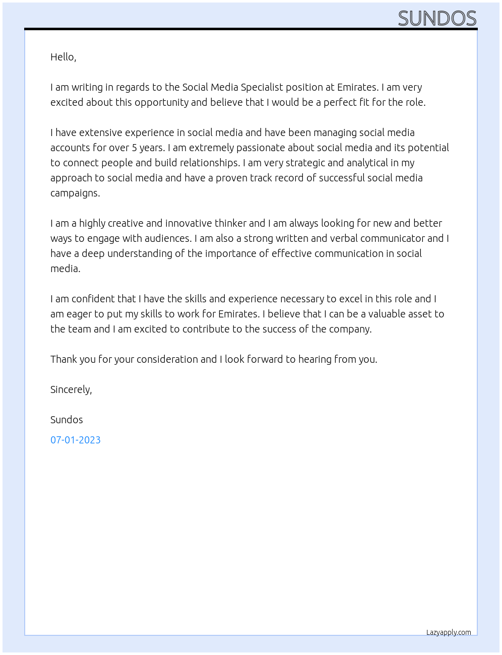 Social Media Specialist At Emirates Cover Letter