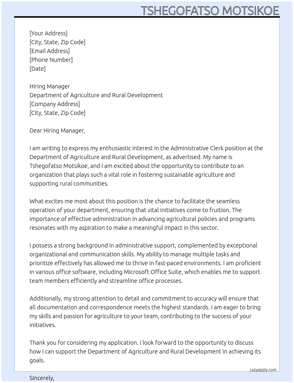 Administrative Clerk At Department of Agriculture and Rural Development Cover Letter