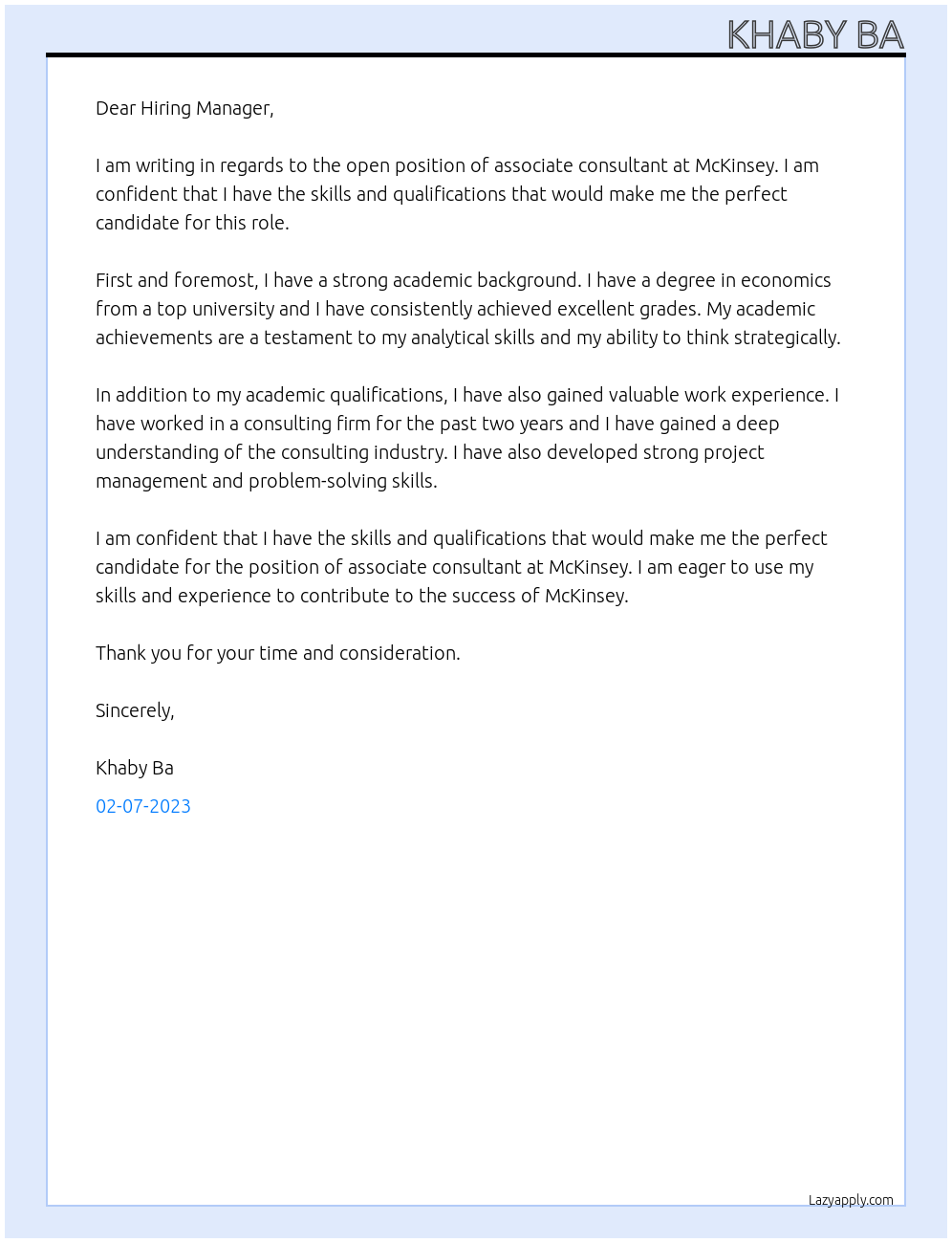 Cover letter for associate consultant - LazyApply