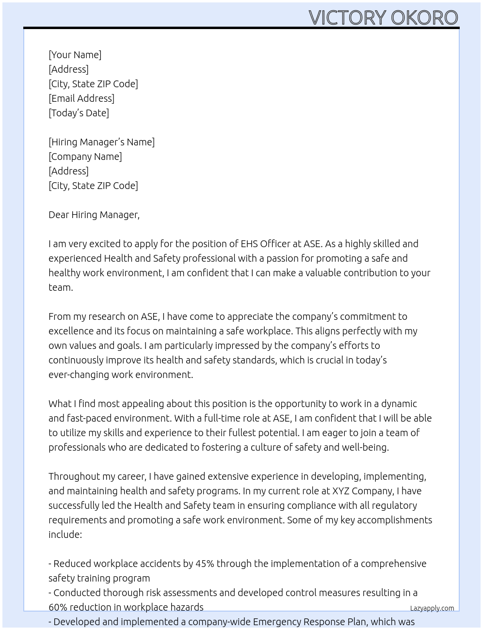 EHS officer At ASE Cover Letter