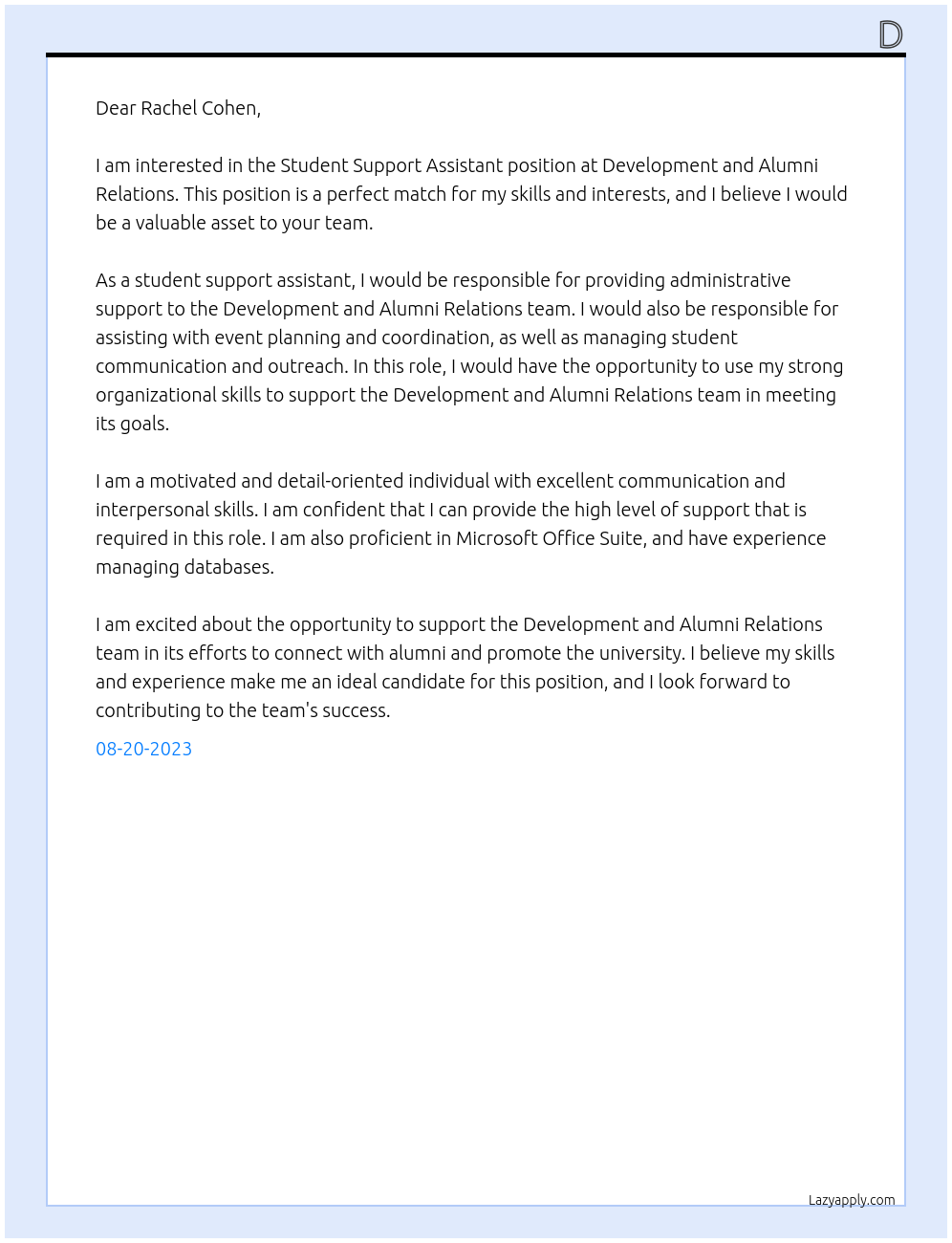  Student Support Assistant At Development and Alumni Relations Cover Letter