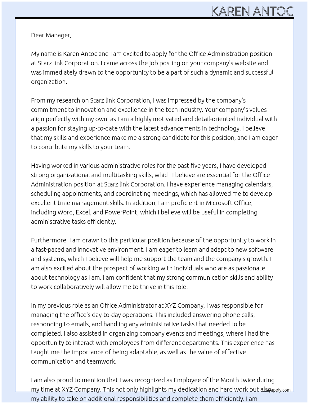 Office Administration At Starz link Corporation Cover Letter