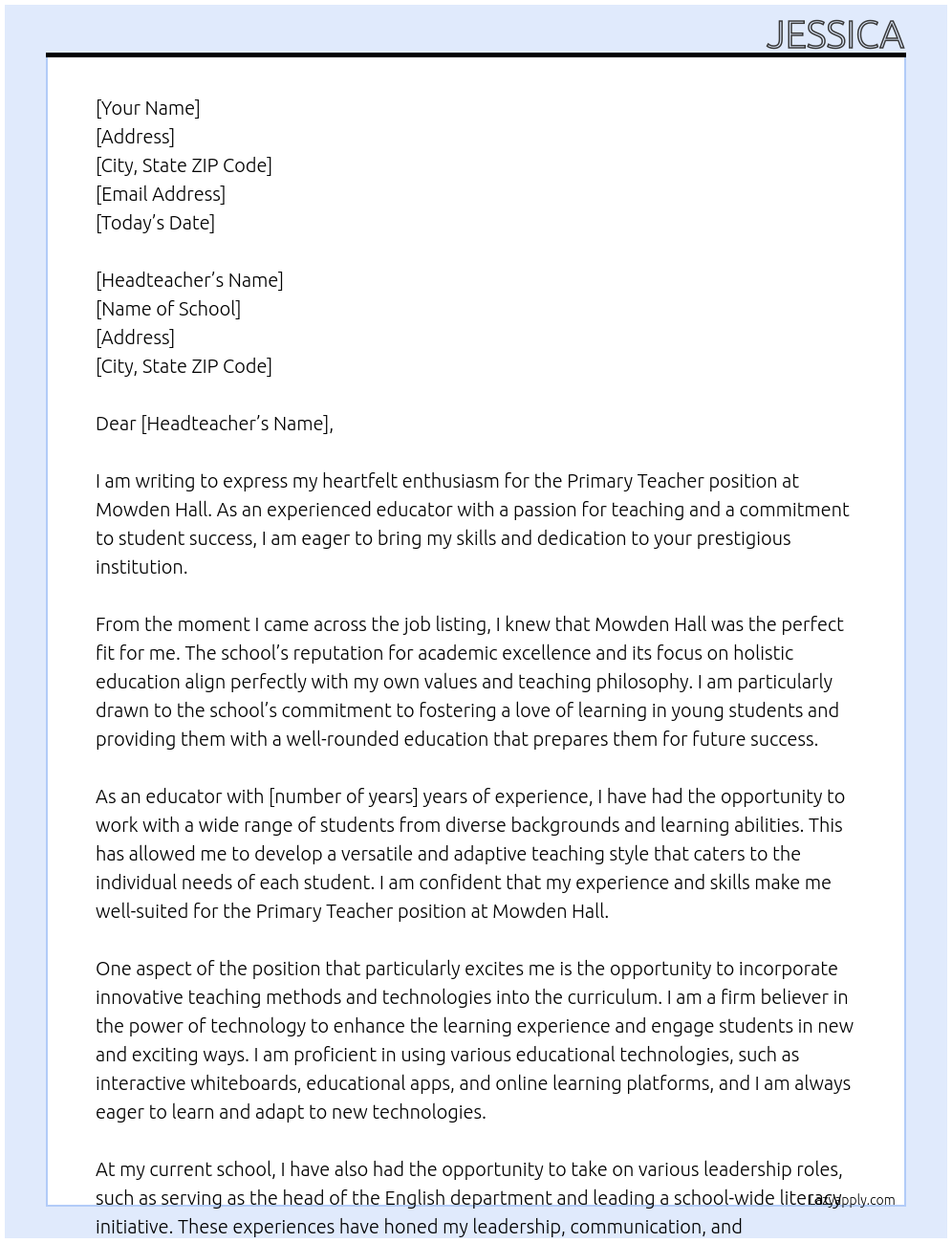 Primary Teacher At Mowden Hall Cover Letter