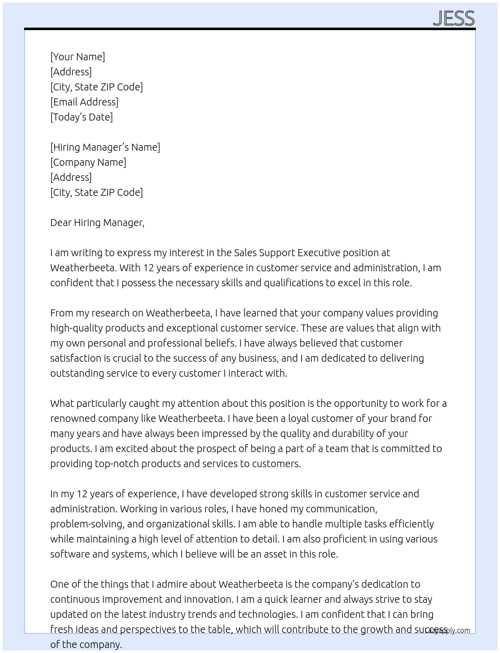 Sales Support Executive At Weatherbeeta Cover Letter