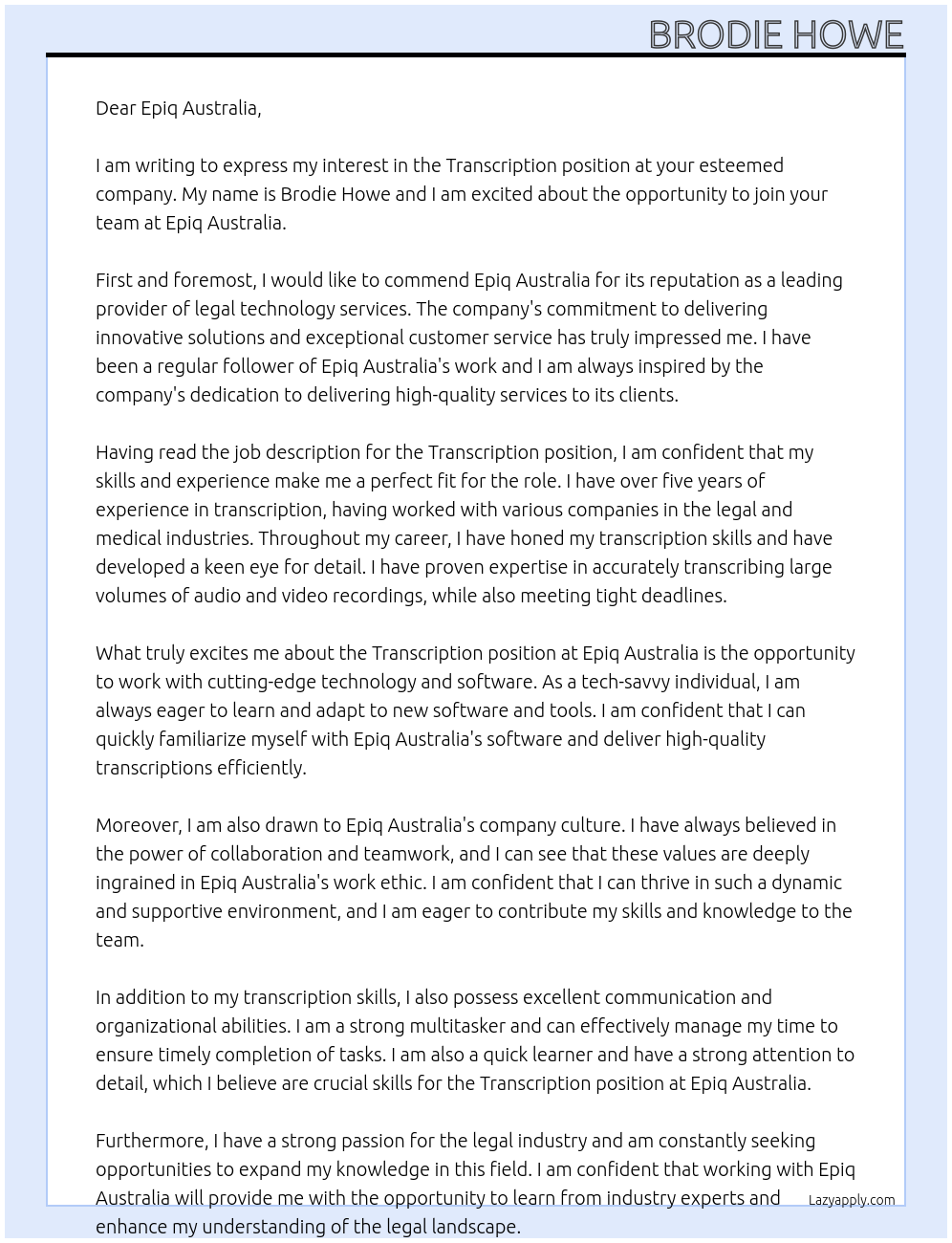 Transcription At Epiq Australia Cover Letter