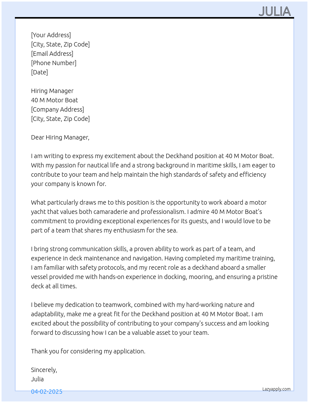 deckhand At 40 m motor boat Cover Letter