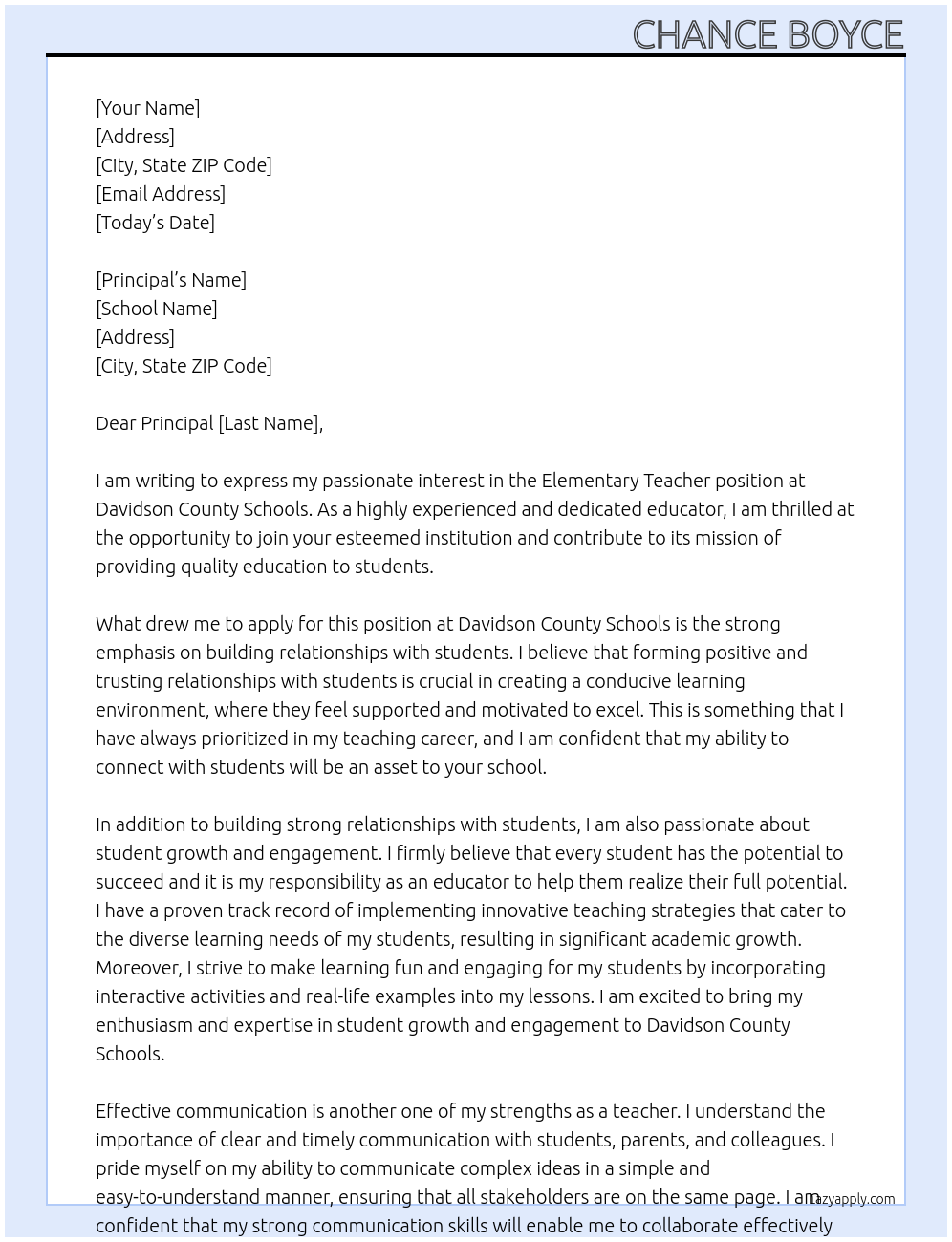 Elementary Teacher At Davidson County Schools Cover Letter