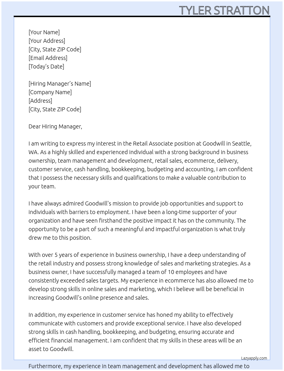 Retail Associate At Goodwill  Cover Letter