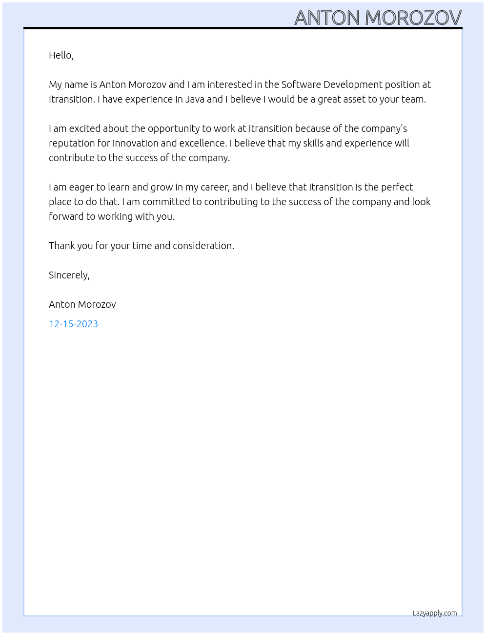 Software Development At Itransition Cover Letter
