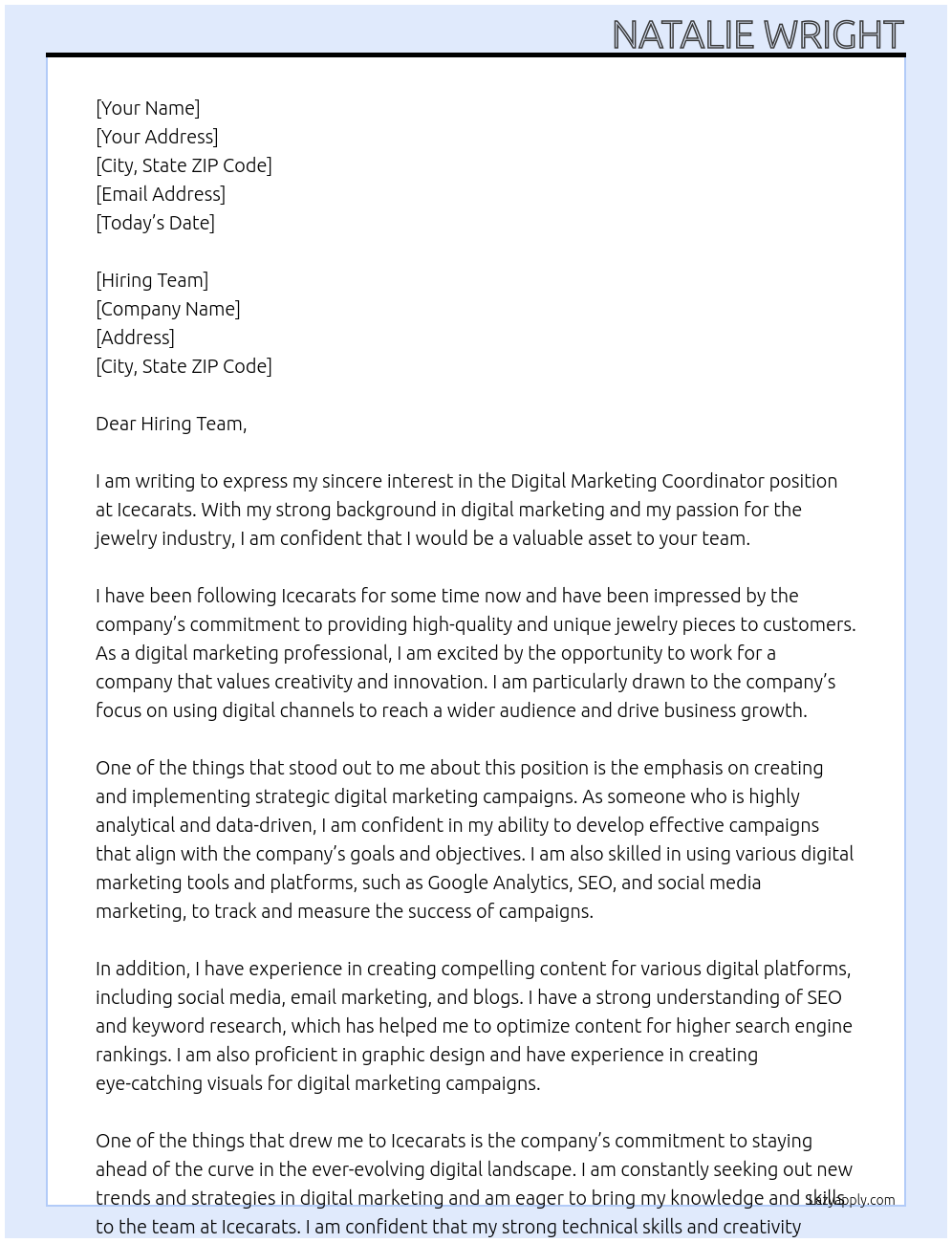 Digital Marketing Coordinator At Icecarats Cover Letter