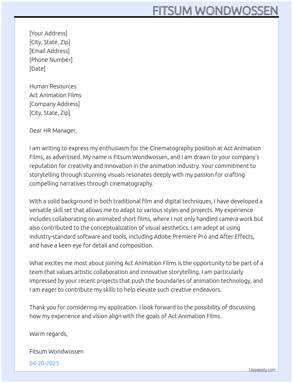 Cinematography At act animation films  Cover Letter