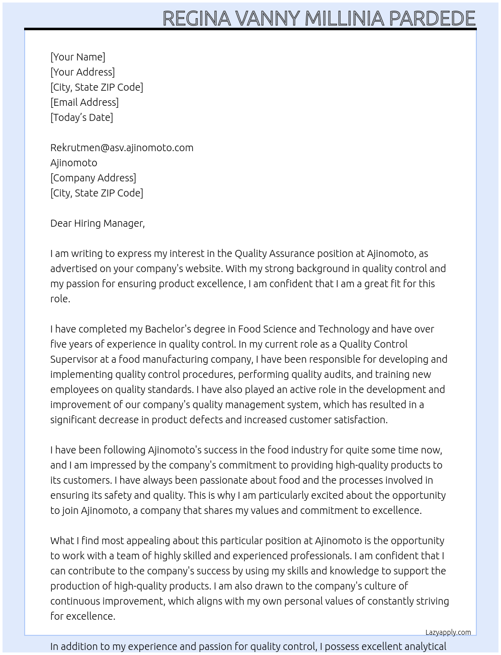 Quality Assurance At Ajinomoto Cover Letter