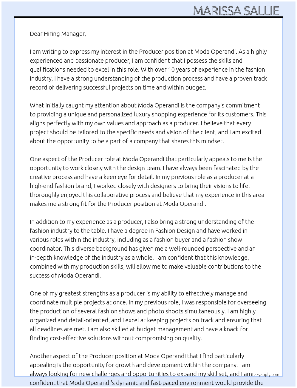 Producer At Moda Operandi  Cover Letter