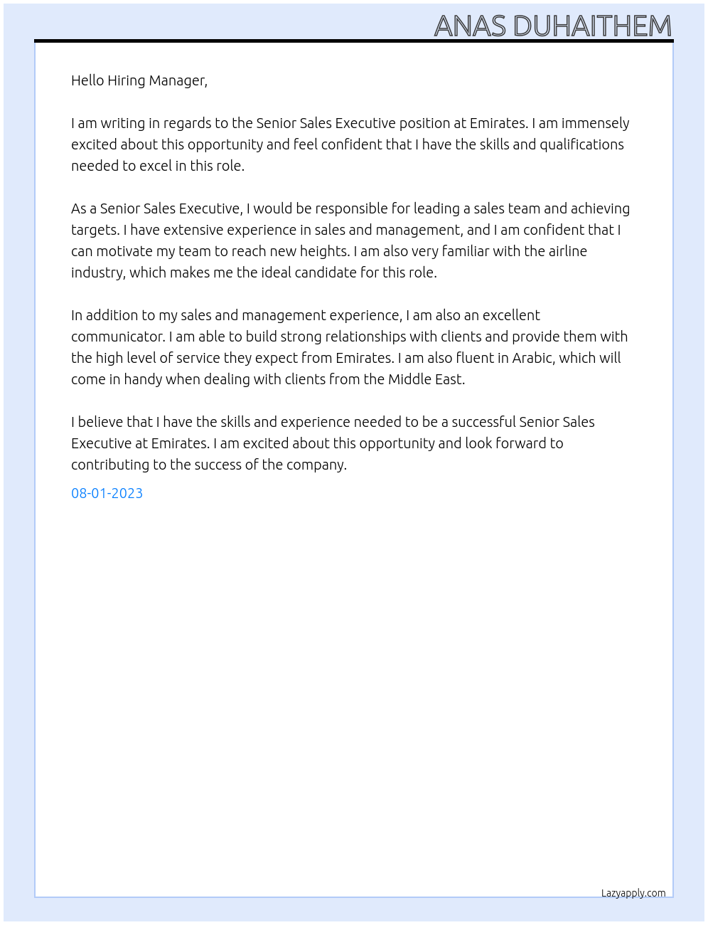 Senior Sales Executive At Emirates Cover Letter