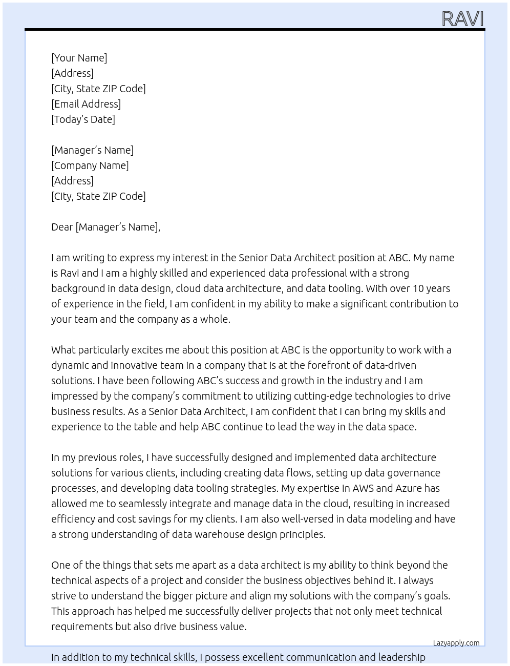 Senior Data Architect At ABC Cover Letter