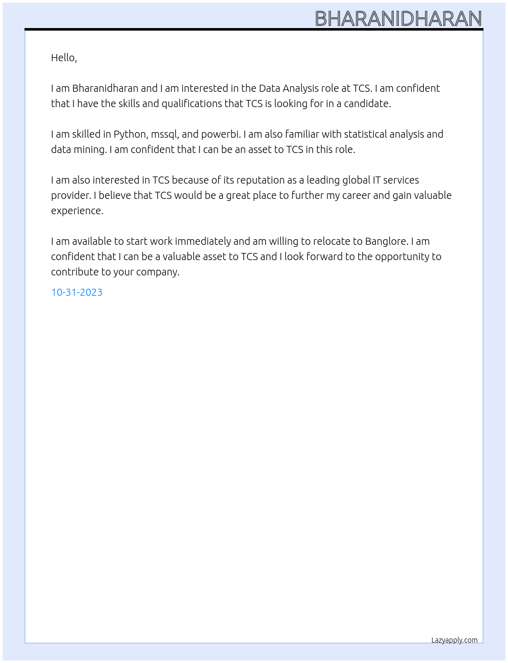 Data Analysis At TCS Cover Letter