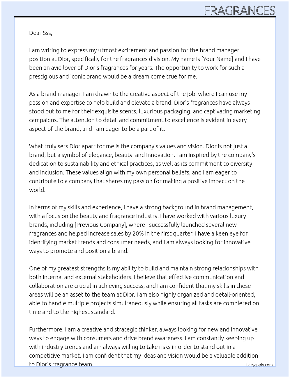 brand manager At Dior Cover Letter