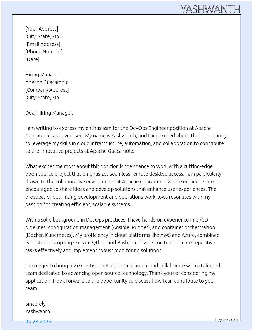 DevOps Engineer At Apache Guacamole Cover Letter