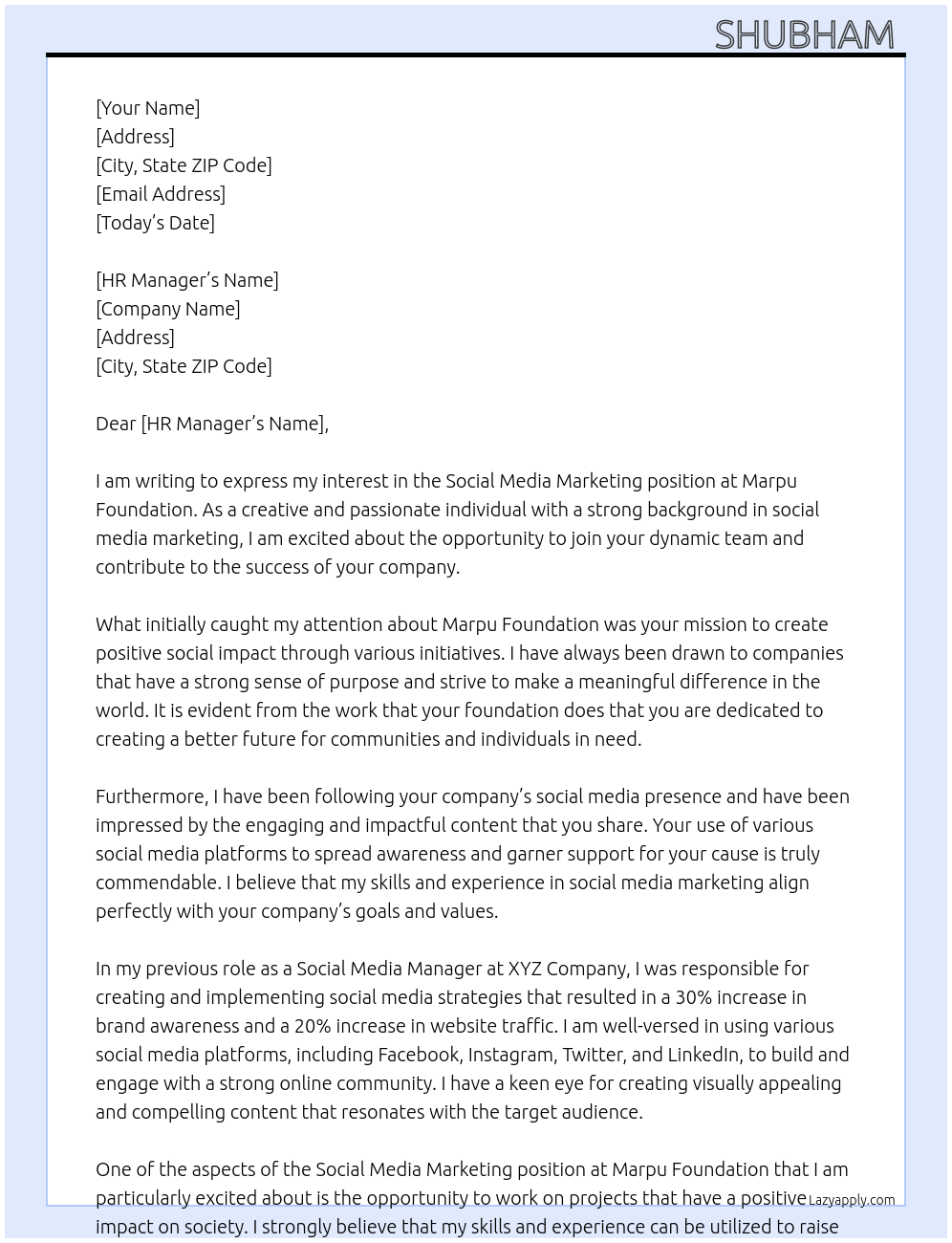 Social Media Marketing At Marpu Foundation Cover Letter