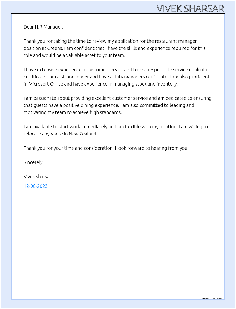 Restaurant manager At Greens Cover Letter