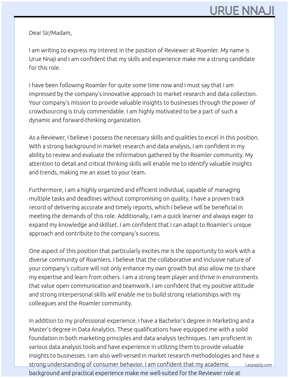 Reviewer At Roamler Cover Letter