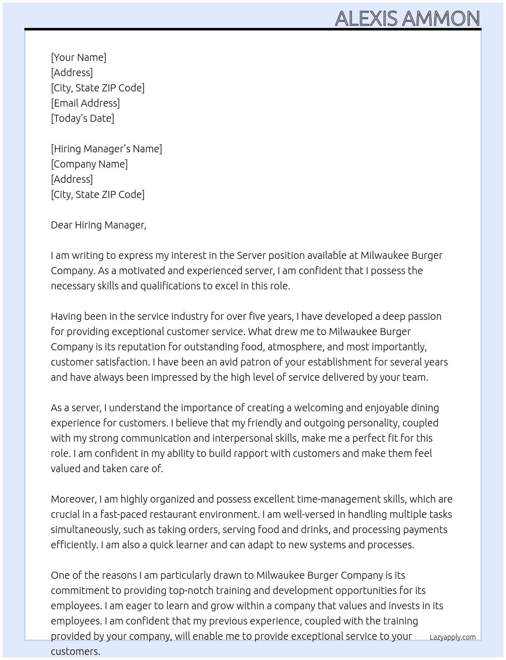 Server At Milwaukee Burger Company Cover Letter