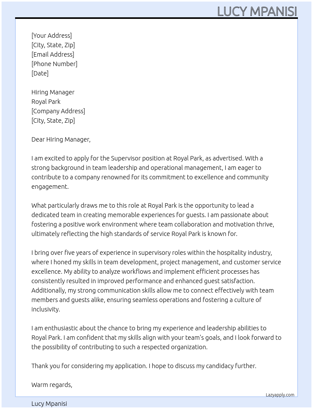 Supervisor At Royal park Cover Letter