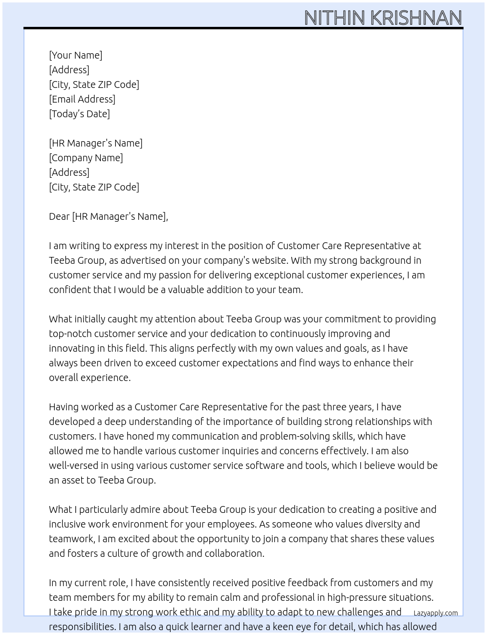 Customer Care Representative At Teeba Group Cover Letter