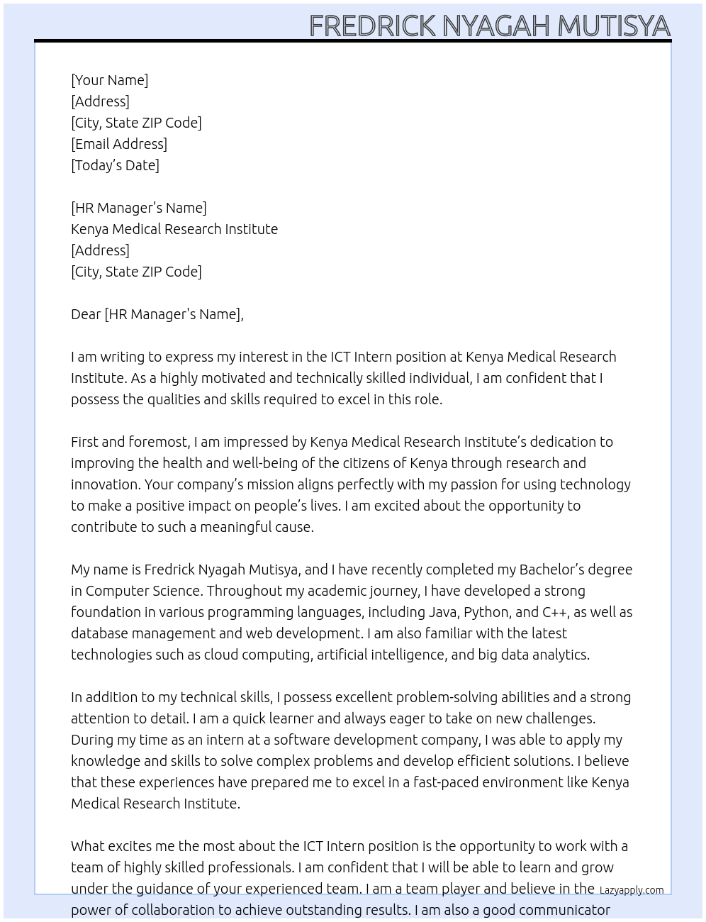 ICT INTERN At KENYA MEDICAL RESEARCH INSTITUTE Cover Letter