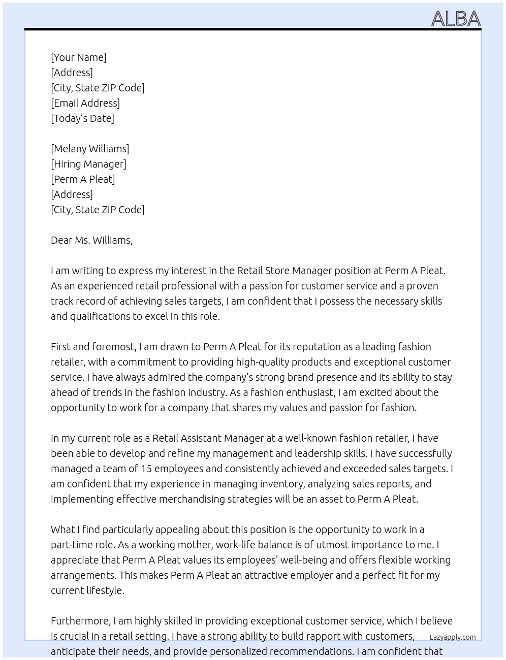 Retail Store Manager At Perm A Pleat Cover Letter