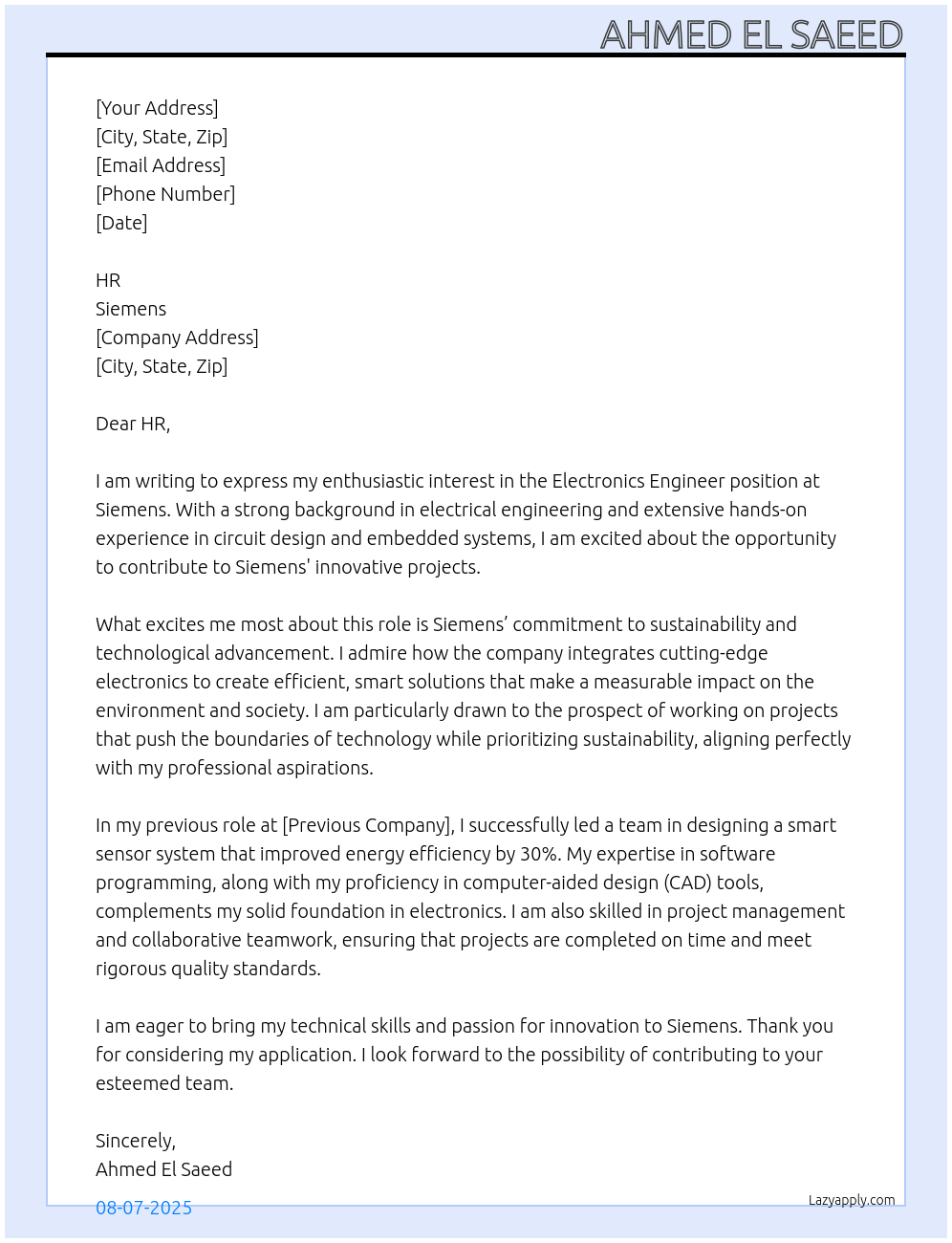 Cover letter for electronics engineer - LazyApply