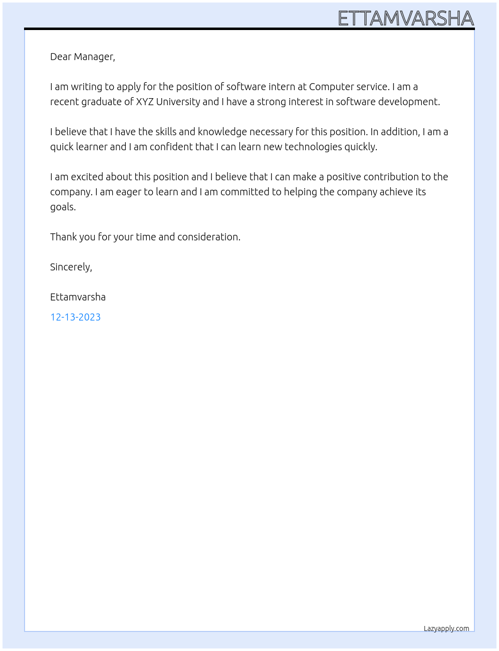 Software At Computer service intern Cover Letter